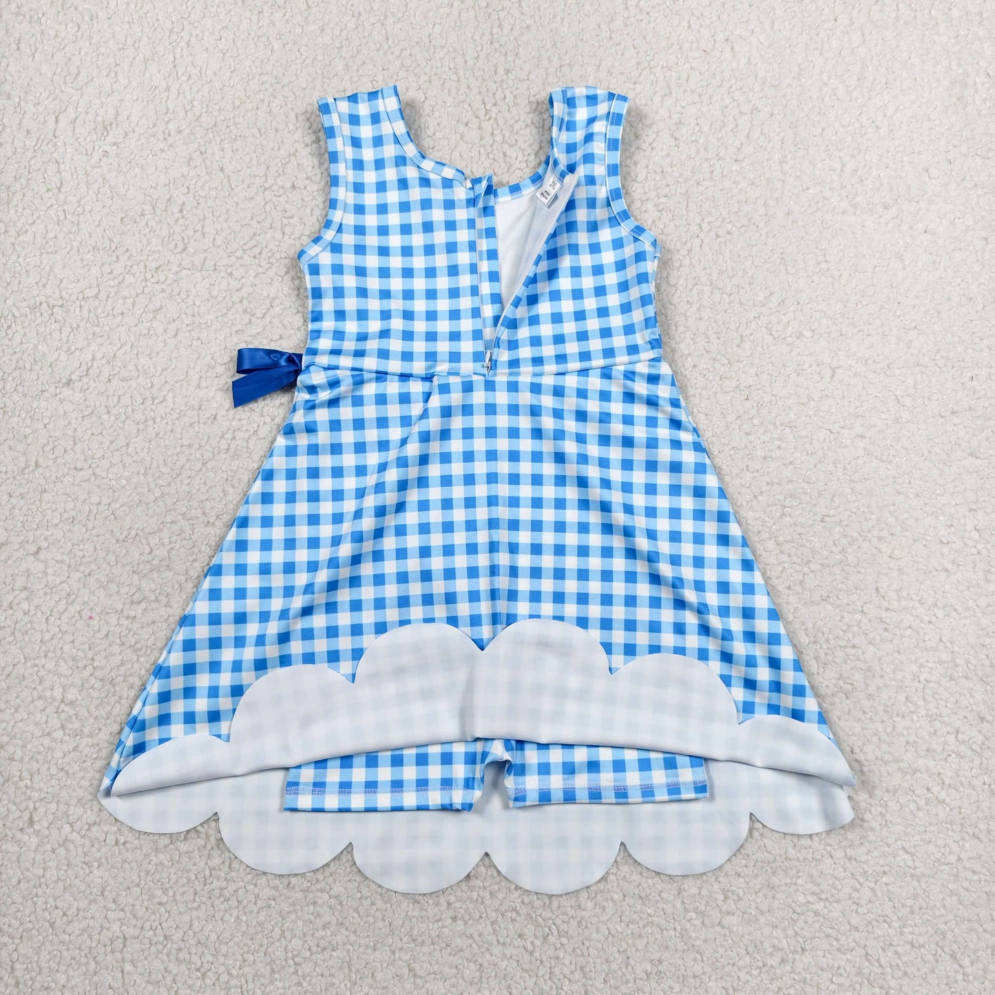 GSD3778 RTS NO MOQ (In stock)Sleeveless light blue plaid scallop kids girls athletic dresses
