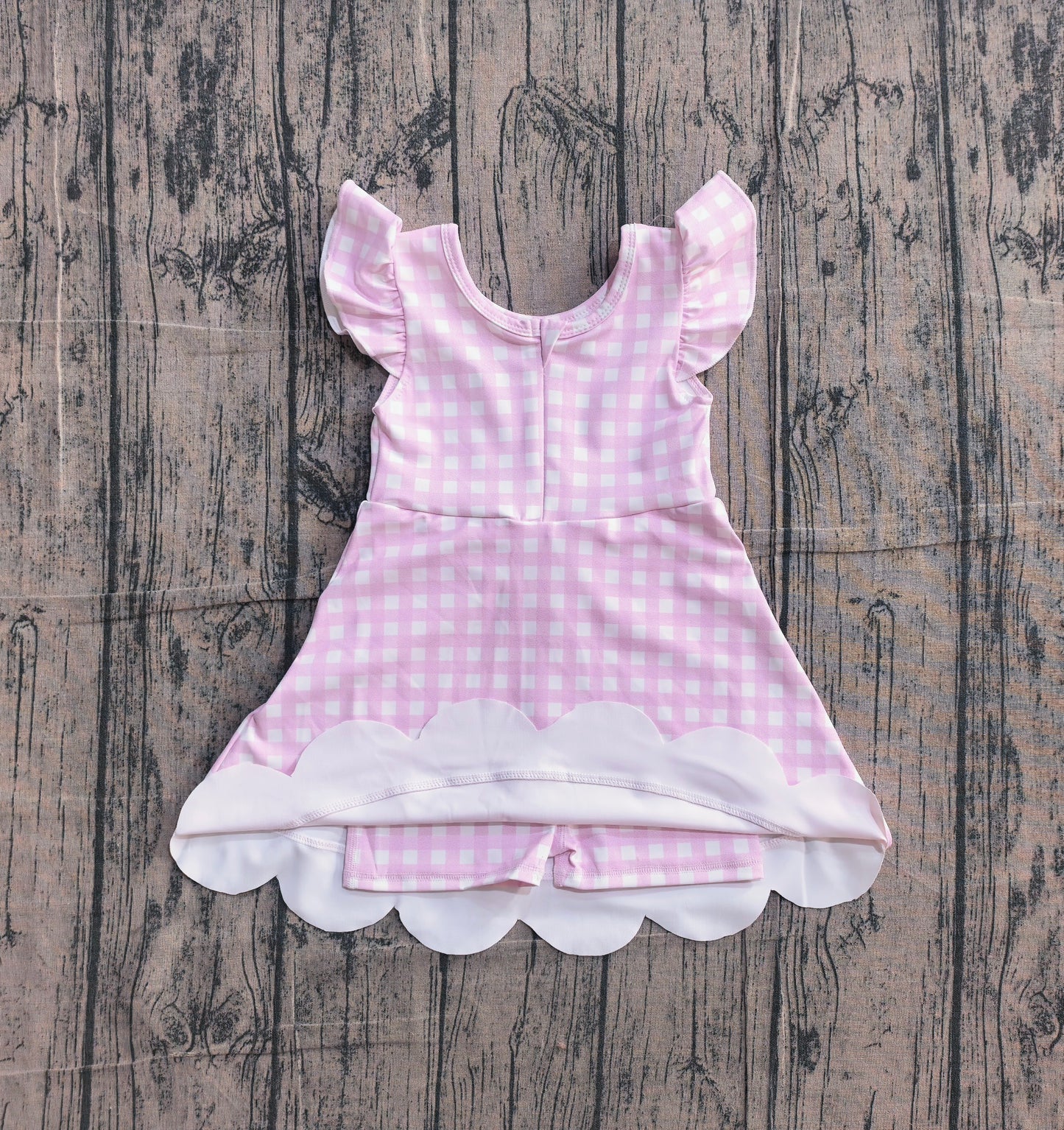 4.9 GSD3796 Sample No Moq Baby Girls Pink Checked Yoga Active Scallop Knee Length Dresses
