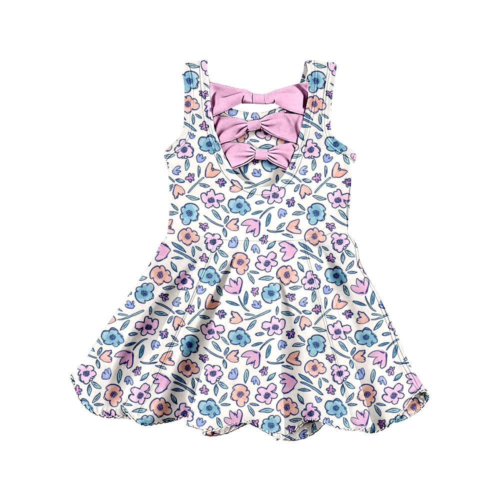 2.11 GSD3808 Pre order No Moq Yoga fabric Cute Active Wear for Little Girls Baby Girls Colorful Flower Bows Top Yoga Active Scallop Short Knee Length Dress