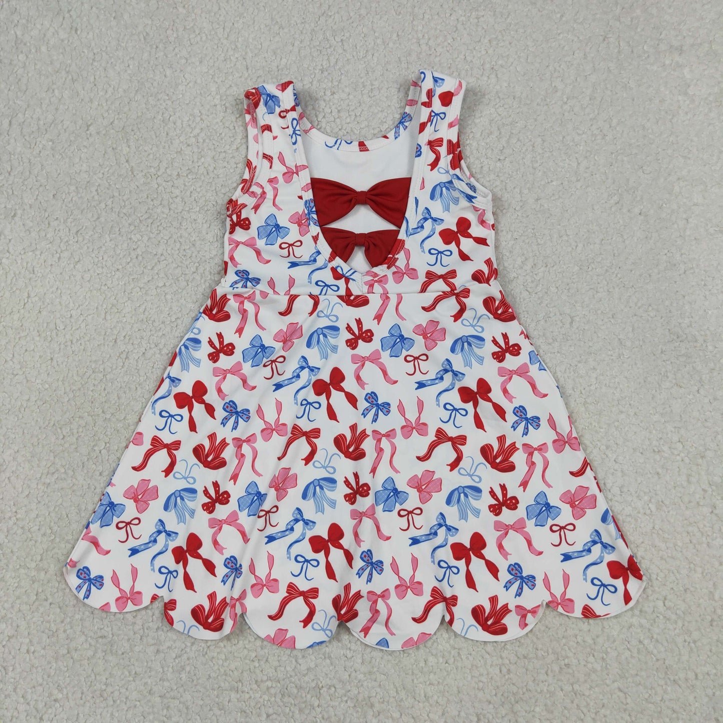 GSD3809 RTS NO MOQ (In stock)Red blue bow scallop kids girls 4th of july athletic dress
