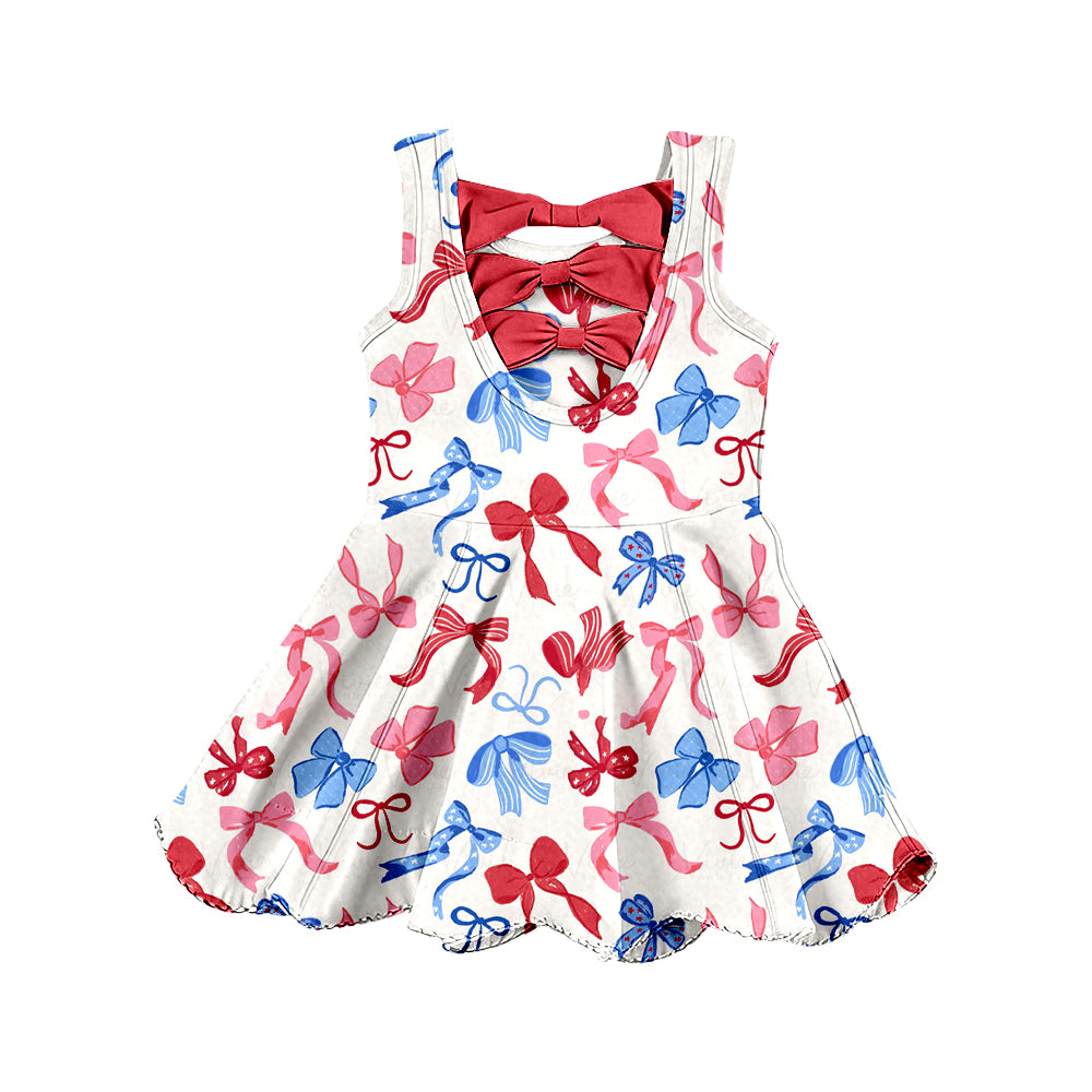 2.11 GSD3809 Pre order No Moq Yoga fabric Cute Active Wear for Little Girls Baby Girls 4th of July Bows Top Yoga Active Scallop Short Knee Length Dress