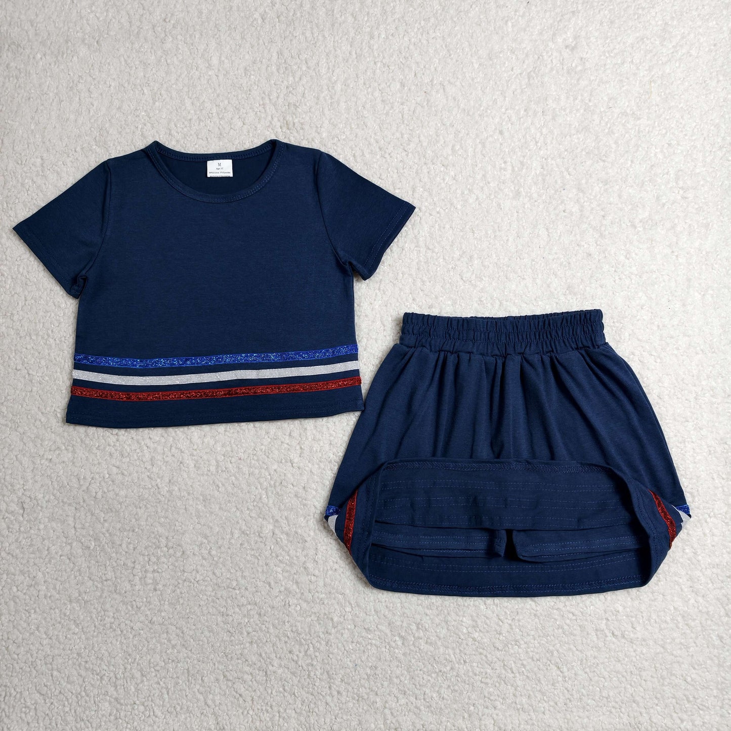 GSD3811 RTS NO MOQ (In stock)Baby Girls Navy Short Sleeve Stripe Top Skirt Shorts Clothes Sets