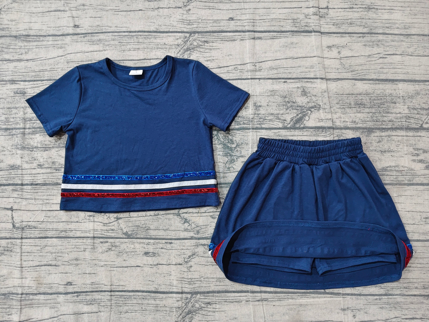 5.15 GSD3811 Baby Girls Navy Short Sleeve Stripe Top Skirt Shorts Clothes Sets