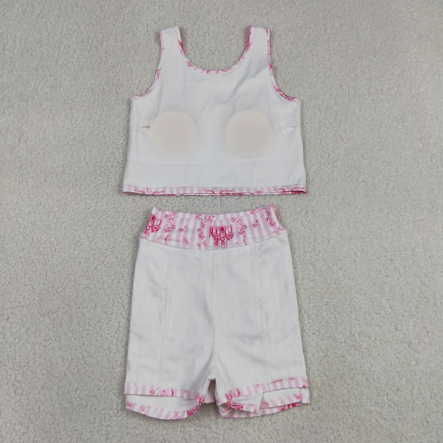 GSD3814 RTS NO MOQ (In stock )Pink stripe castle crop top bow skirt girls summer active set
