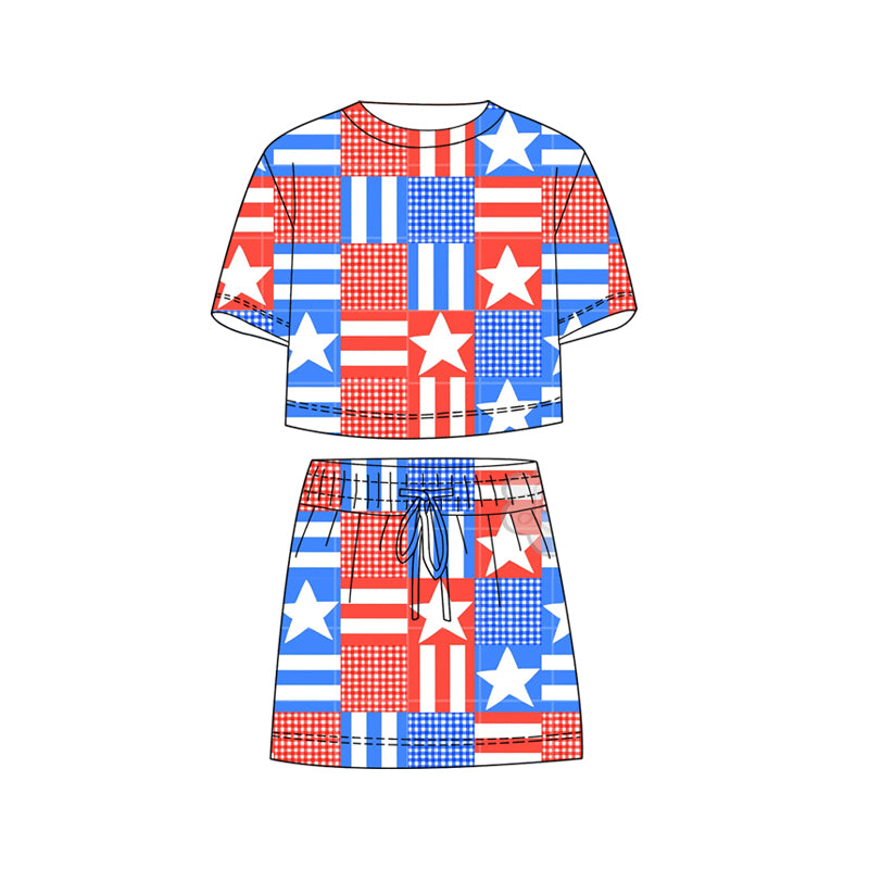 2.27 GSD3819 Pre order No Moq Cute Casual Clothing For Girls Baby Girls Summer Star Flags Checked Top Skirt Shorts 4th of July Clothes Sets