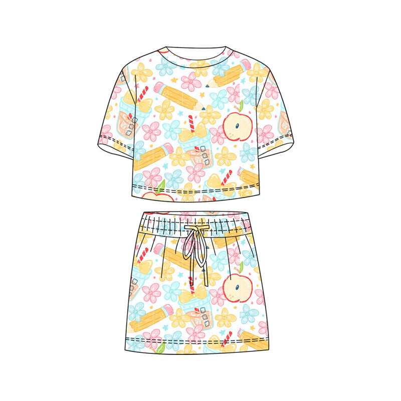 2.27 GSD3821 Pre order No Moq Cute Casual Clothing For Girls Baby Girls Colorful Flower Pencils Top Skirt Shorts Back to School Clothes Sets