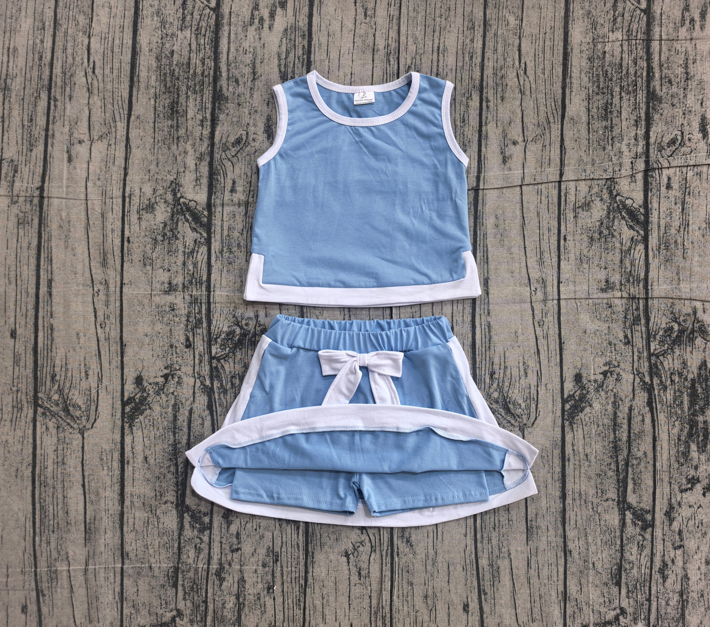 5.8 GGSD3828 Sample No Moq Baby Girls Blue Sleeveless Vest Top Skirt Shorts Clothes Sets