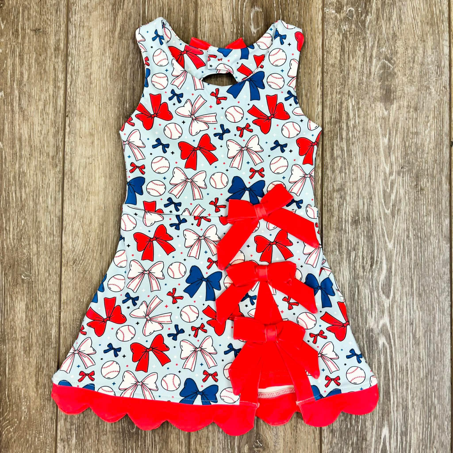 2.28 GSD3831 Pre order No Moq Yoga fabric Baby Girls Summer Baseballs Bows Team Yoga Active Short Knee Length Dresses