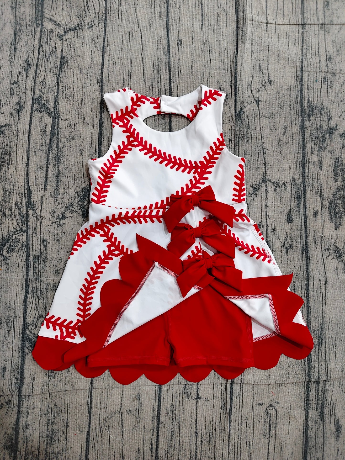 4.18 GSD3833 Sample No Moq Baby Girls Baseball Bows Team Yoga Active Scallop Short Knee Length Dress