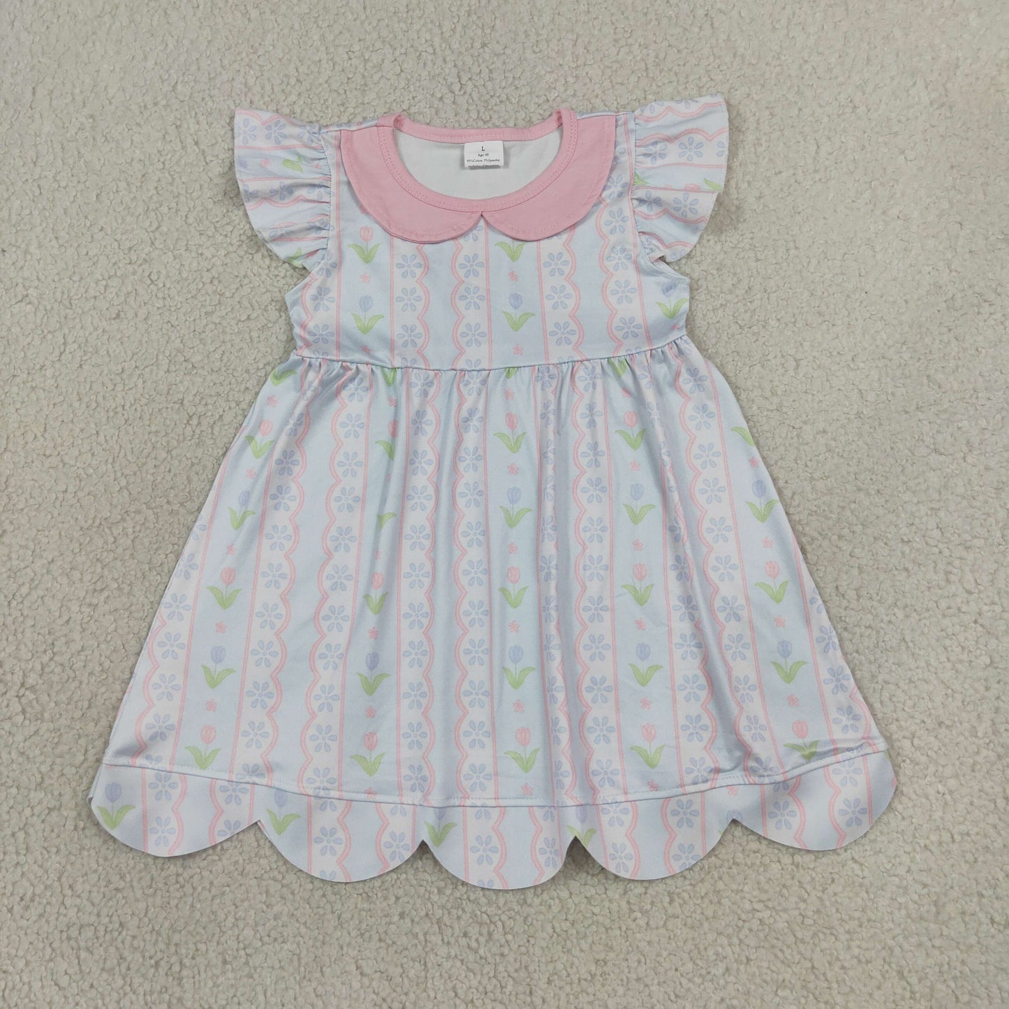 GSD3867 RTS NO MOQ (In stock) Baby Girls Flutter Sleeve Flowers Stripe Collar Scallop Knee Length Dresses