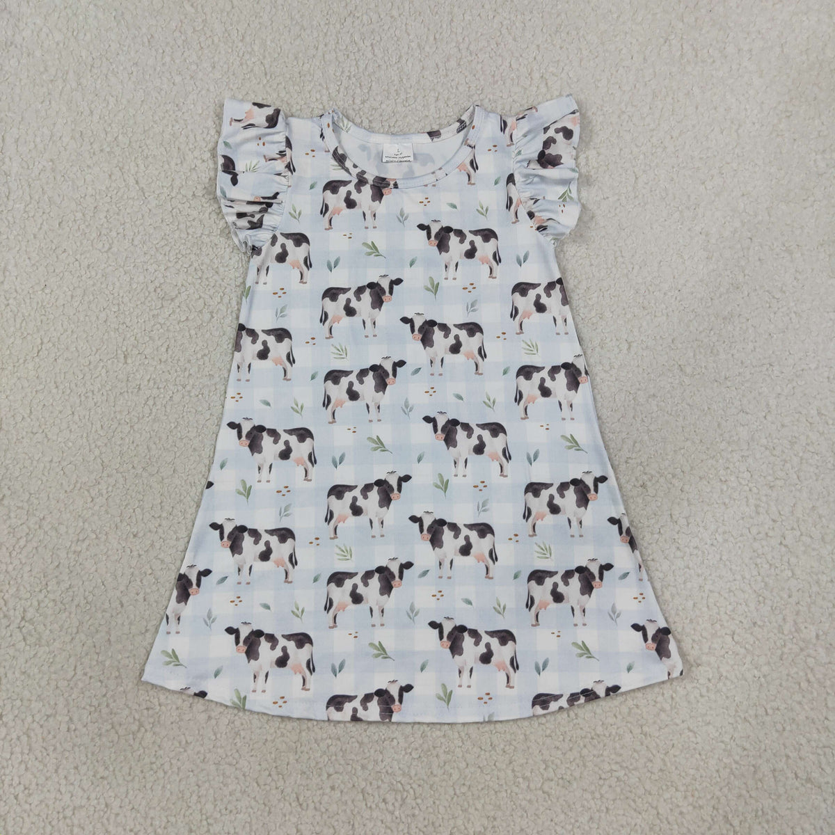 RTS NO MOQ (In stock)milk silk GSD3895 Baby Girls Flutter Sleeve Blue Checked Cows Farm Knee Length Cute Dresses