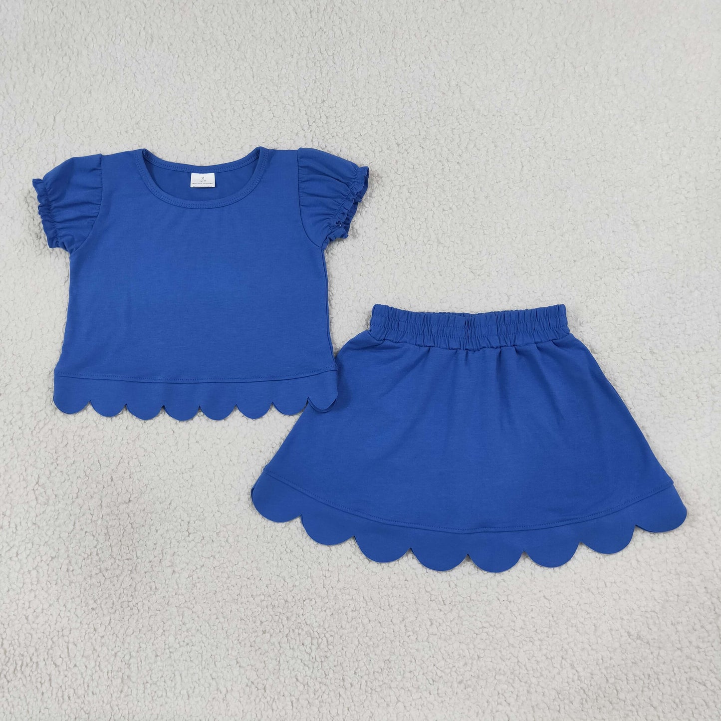RTS Sibling cotton Baby Girls Blue Print Short Ruffle Sleeve Top Matching Scallop Skort Two Piece Clothes Set