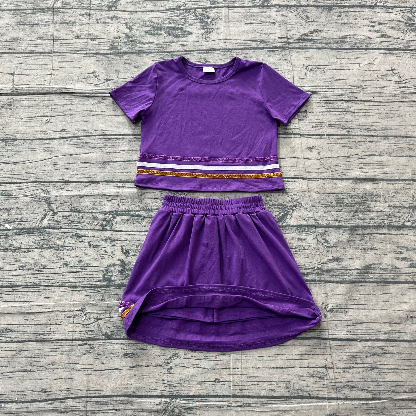 5.5 GSD3944 Sample No Moq Baby Girls Purple Short Sleeve Stripe Top Skirt Short Clothes Sets