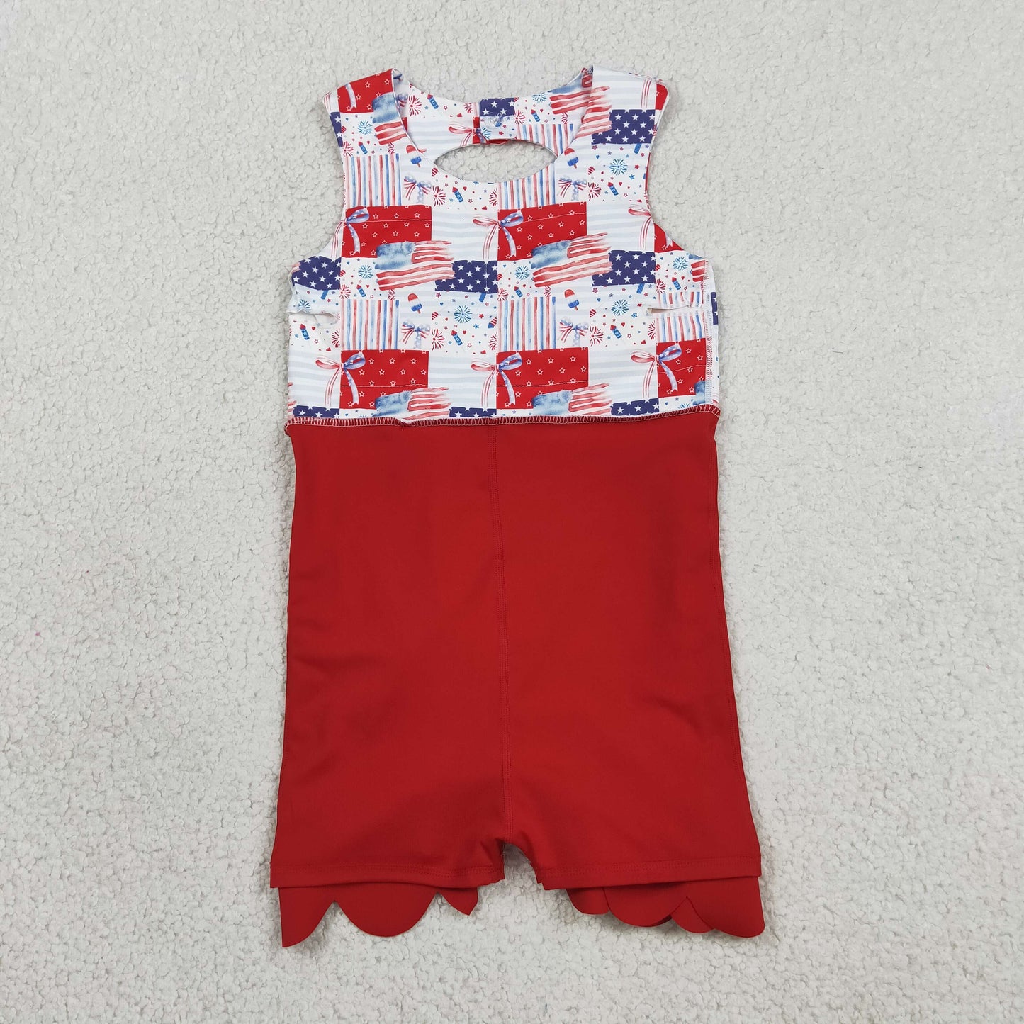 GSD3945 RTS NO MOQ (In stock)Sleeveless flag bow scallop girls 4th of july athletic dress