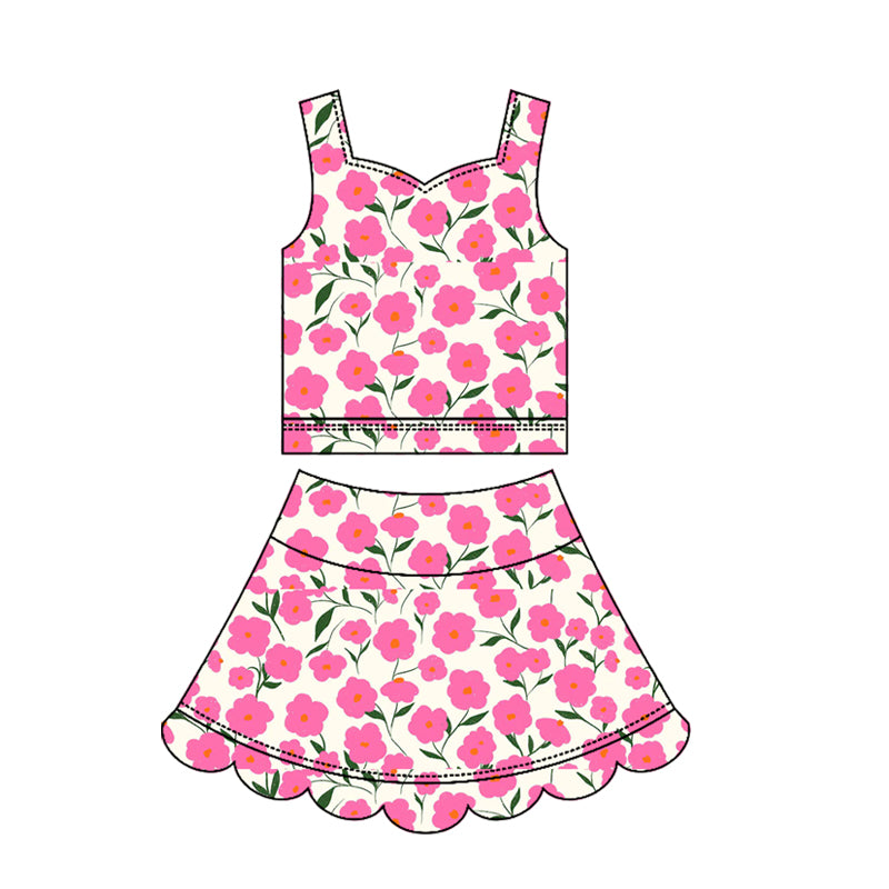 3.18 GSD3949 Pre order No Moq Yoga fabric Baby Girls Summer Fashion Strap Pink Flowers Top Scallop Skirt Short Yoga Active Clothes Set