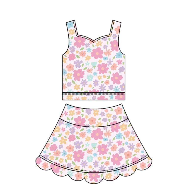 3.18 GSD3950 Pre order No Moq Yoga fabric Baby Girls Summer Fashion Strap Colorful Flowers Top Scallop Skirt Short Yoga Active Clothes Set