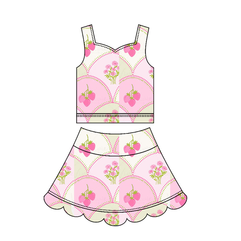 3.18 GSD3952 Pre order No Moq Yoga fabric Baby Girls Summer Fashion Strap Flower Strawberry Top Scallop Skirt Short Yoga Active Clothes Set