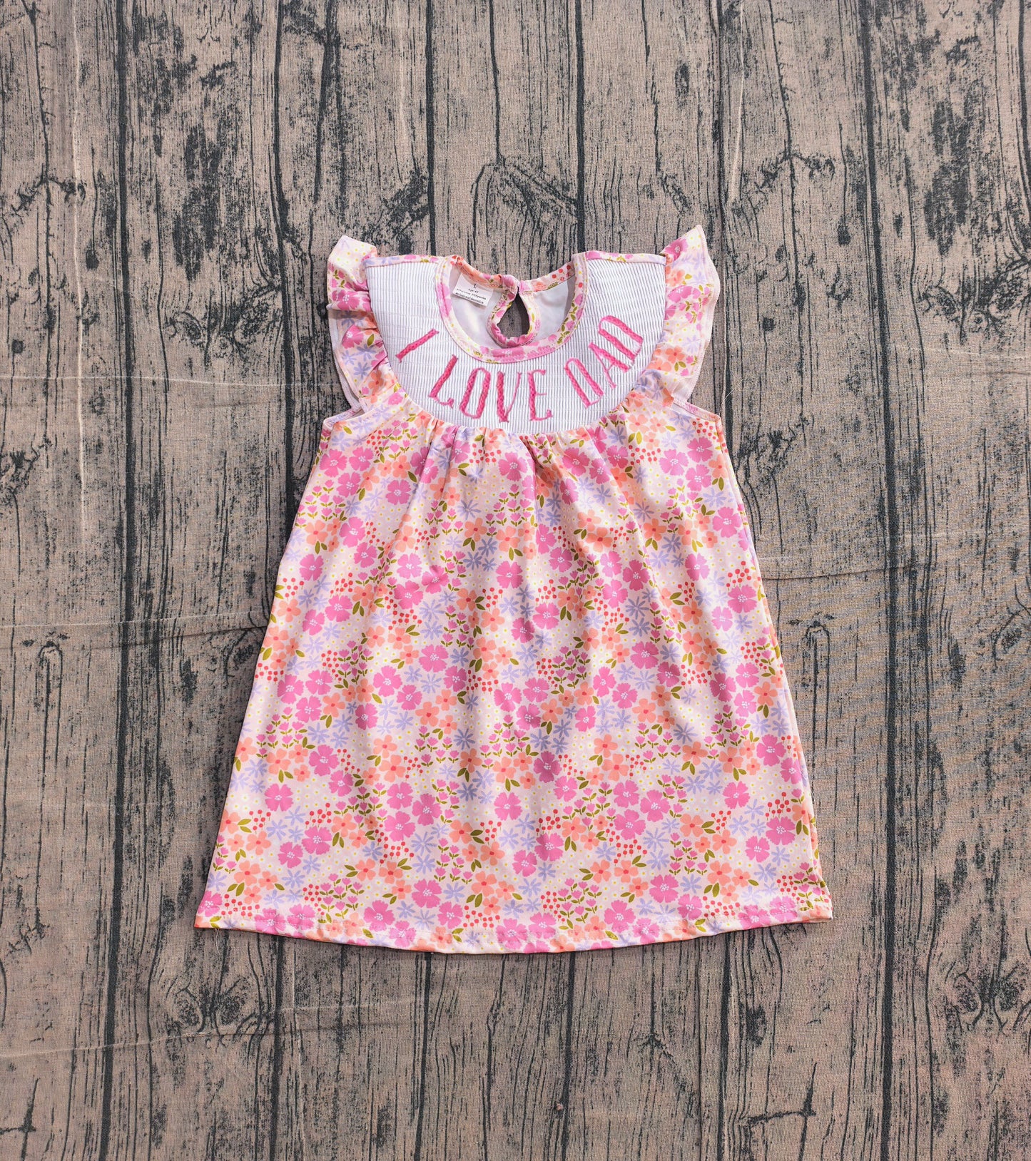 4.9 GSD3986 Sample No Moq Smocked I Love Dad Baby Girls Flutter Sleeve Flowers Knee Length Dress