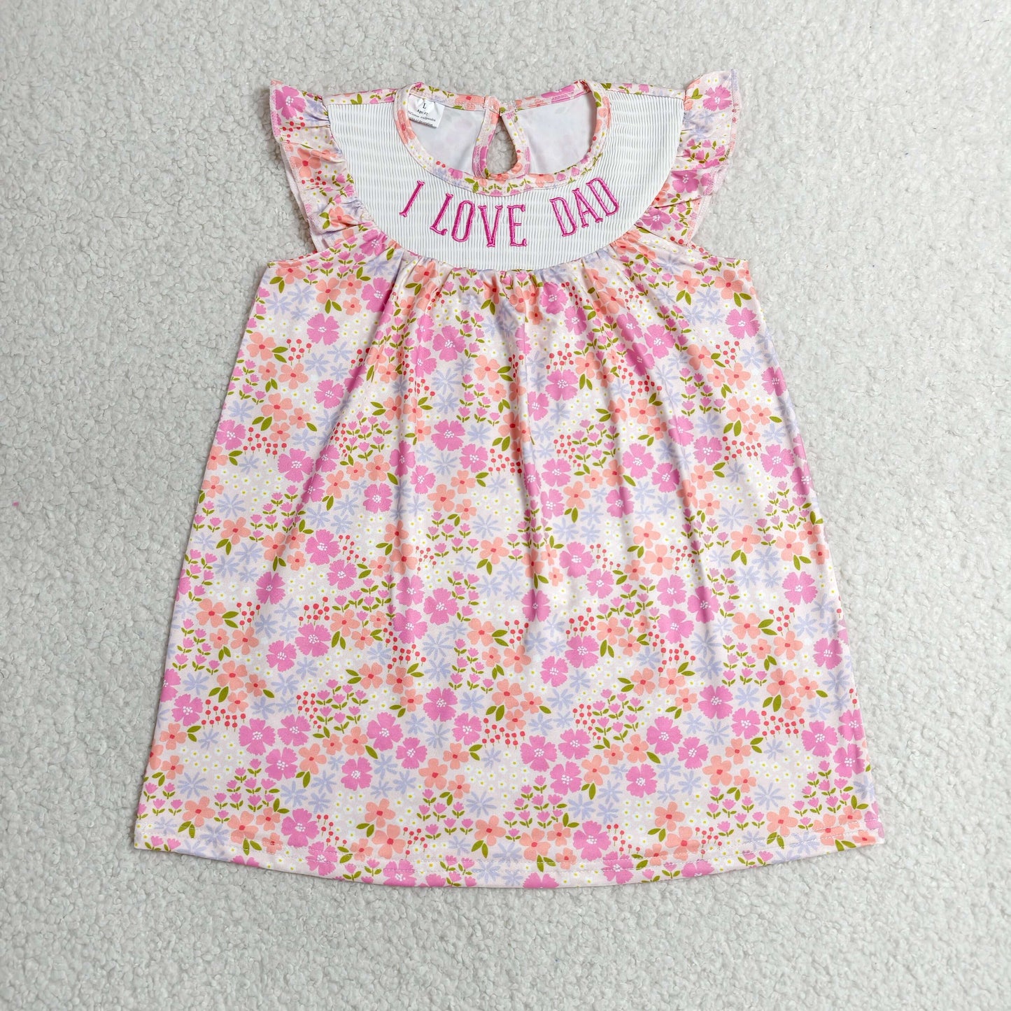 GSD3986 RTS NO MOQ (In stock)Smocked I Love Dad Baby Girls Flutter Sleeve Flowers Knee Length Dress