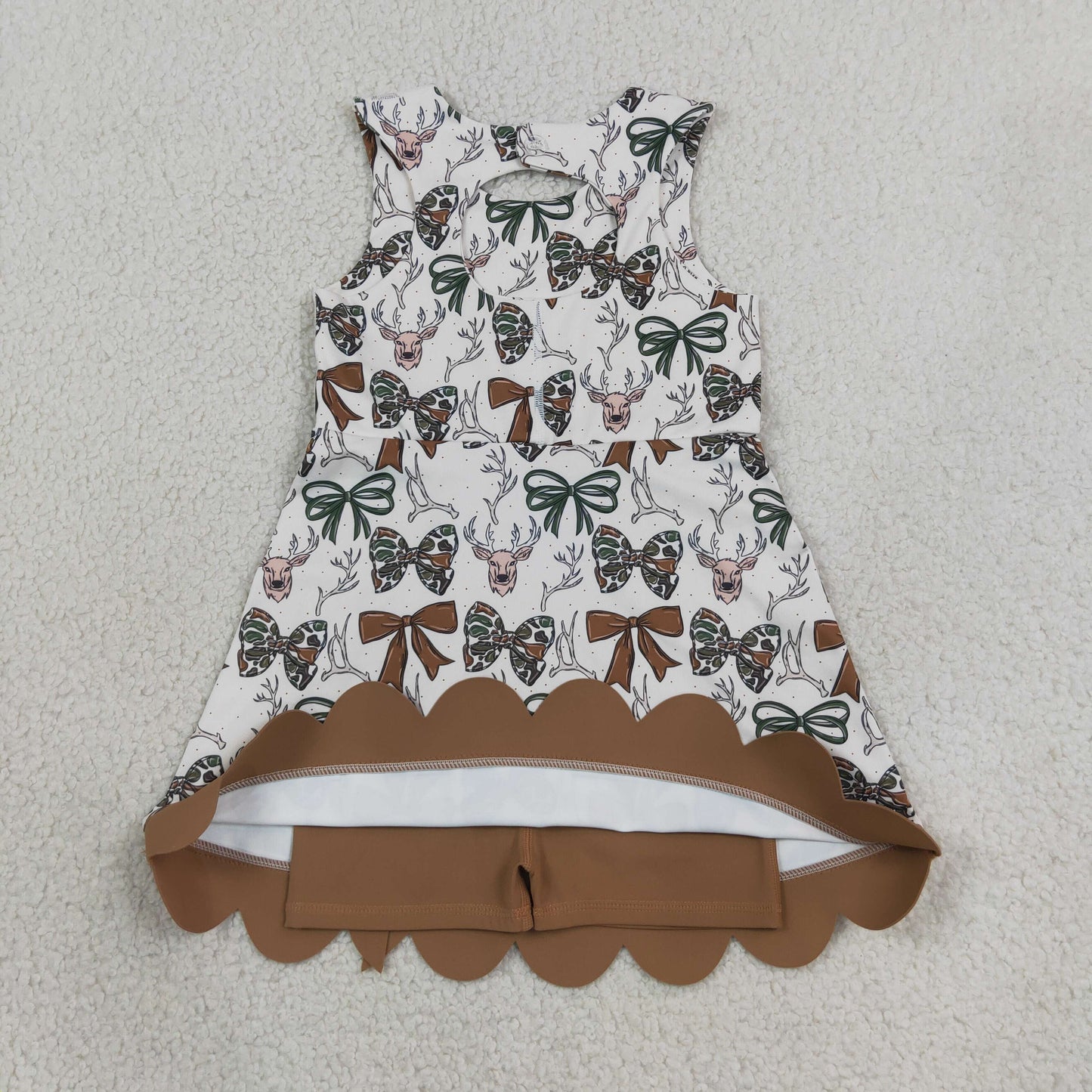GSD4008 RTS NO MOQ (In stock) Yoga Baby Girls Camo Bow Deer Print Scallop Knee Length Yoga Active Dress