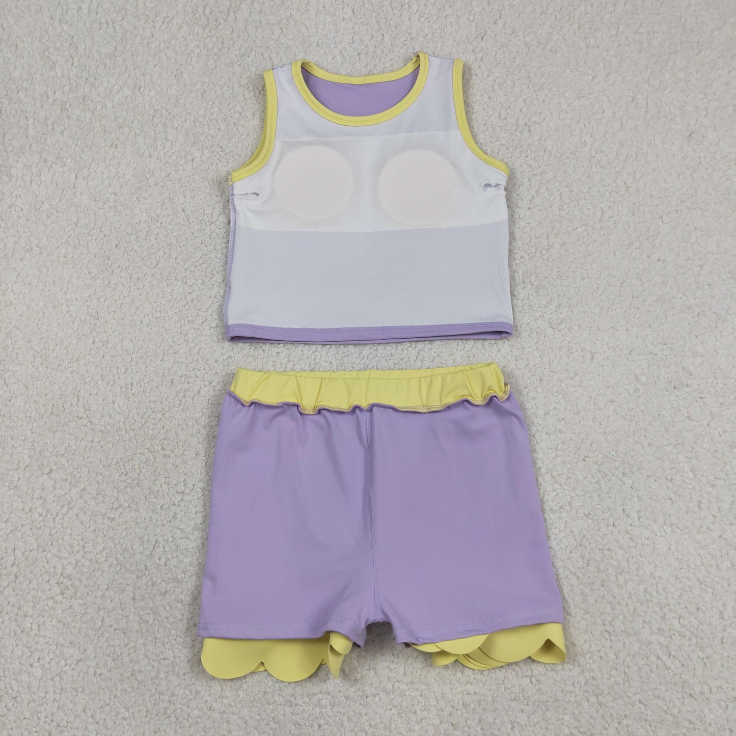 GSD4011 RTS NO MOQ (In stock )Sleeveless lavender yellow scallop kids girls active wear set