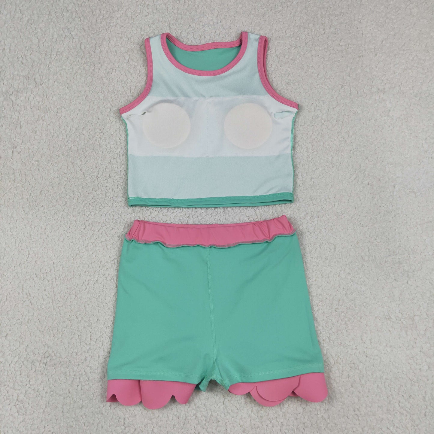 GSD4012 RTS NO MOQ (In stock)Baby Girls Sleeveless Light Blue Vest Scallop Skirt Short Yoga Active Clothes