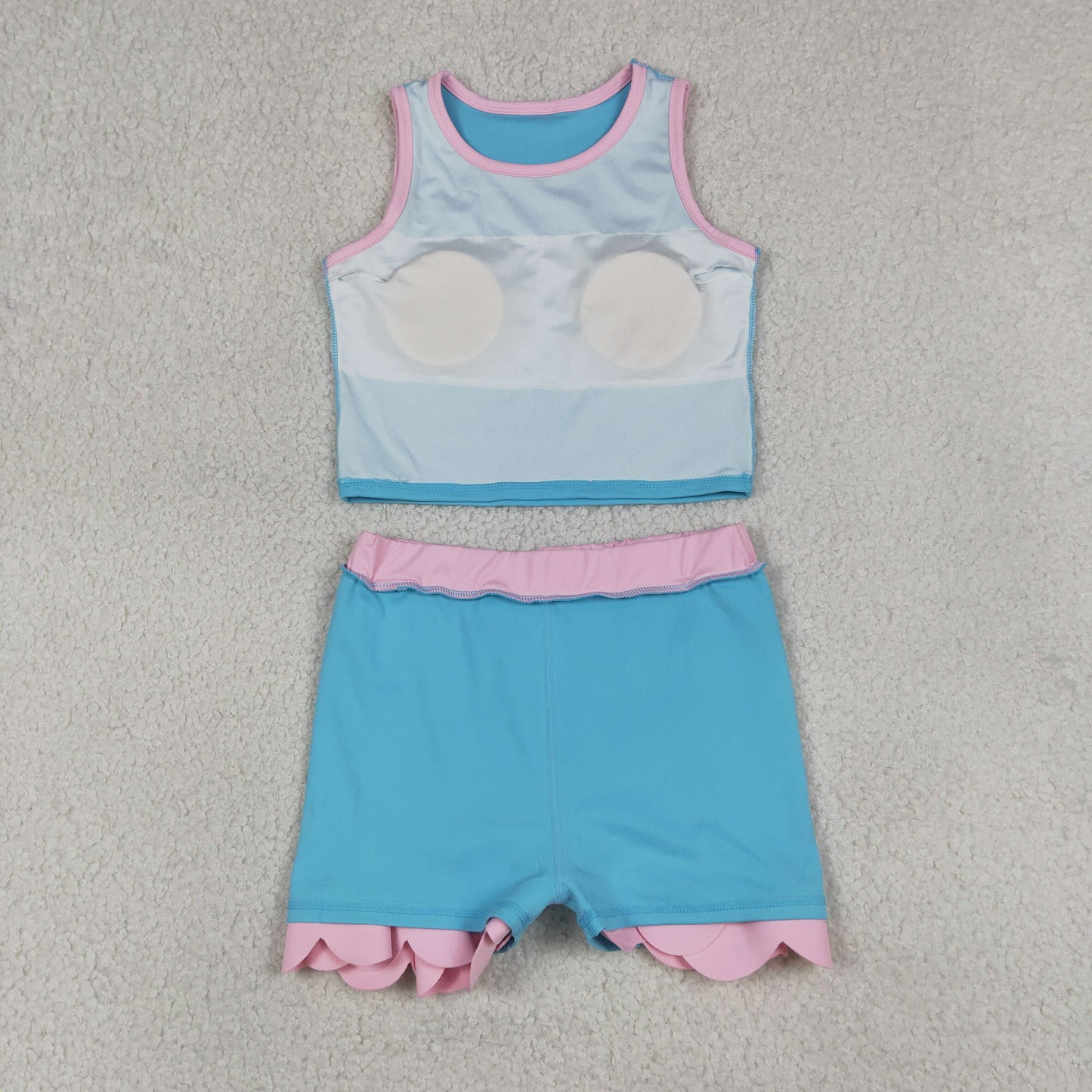 GSD4013 RTS NO MOQ (In stock)Baby Girls Sleeveless Lake Blue Vest Scallop Skirt Short Yoga Active Clothes Set