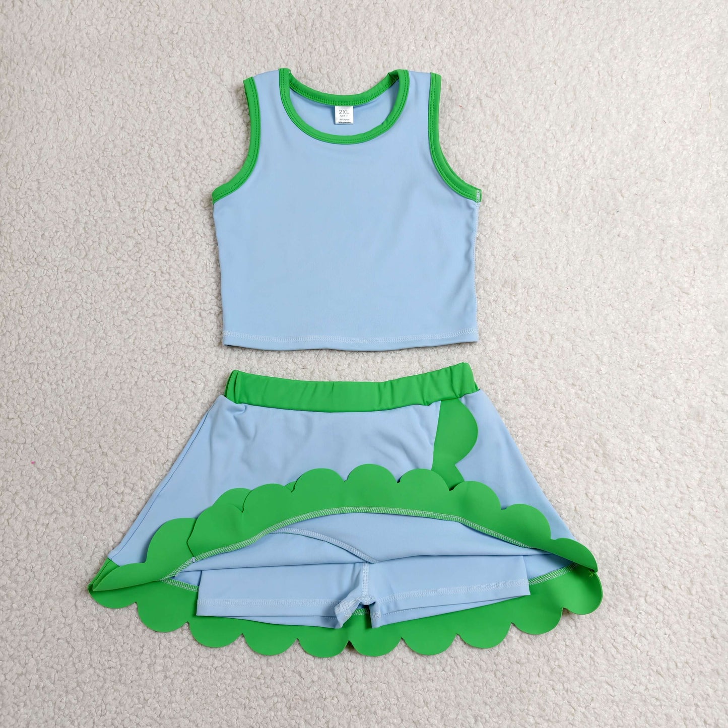GSD4021 RTS NO MOQ (In stock)Sleeveless light blue green scallop kids girls active wear set)