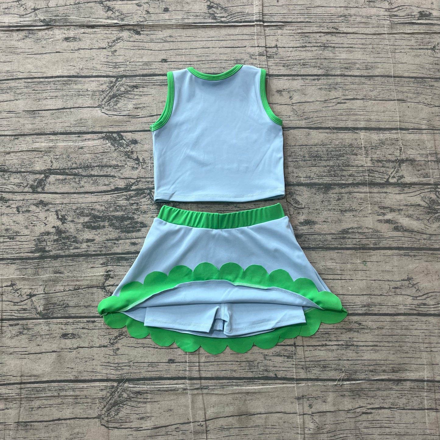 5.5 GSD4021 Sample No Moq Baby Girls Sleeveless Blue Green Vest Scallop Skirt Short Yoga Active Clothes Set