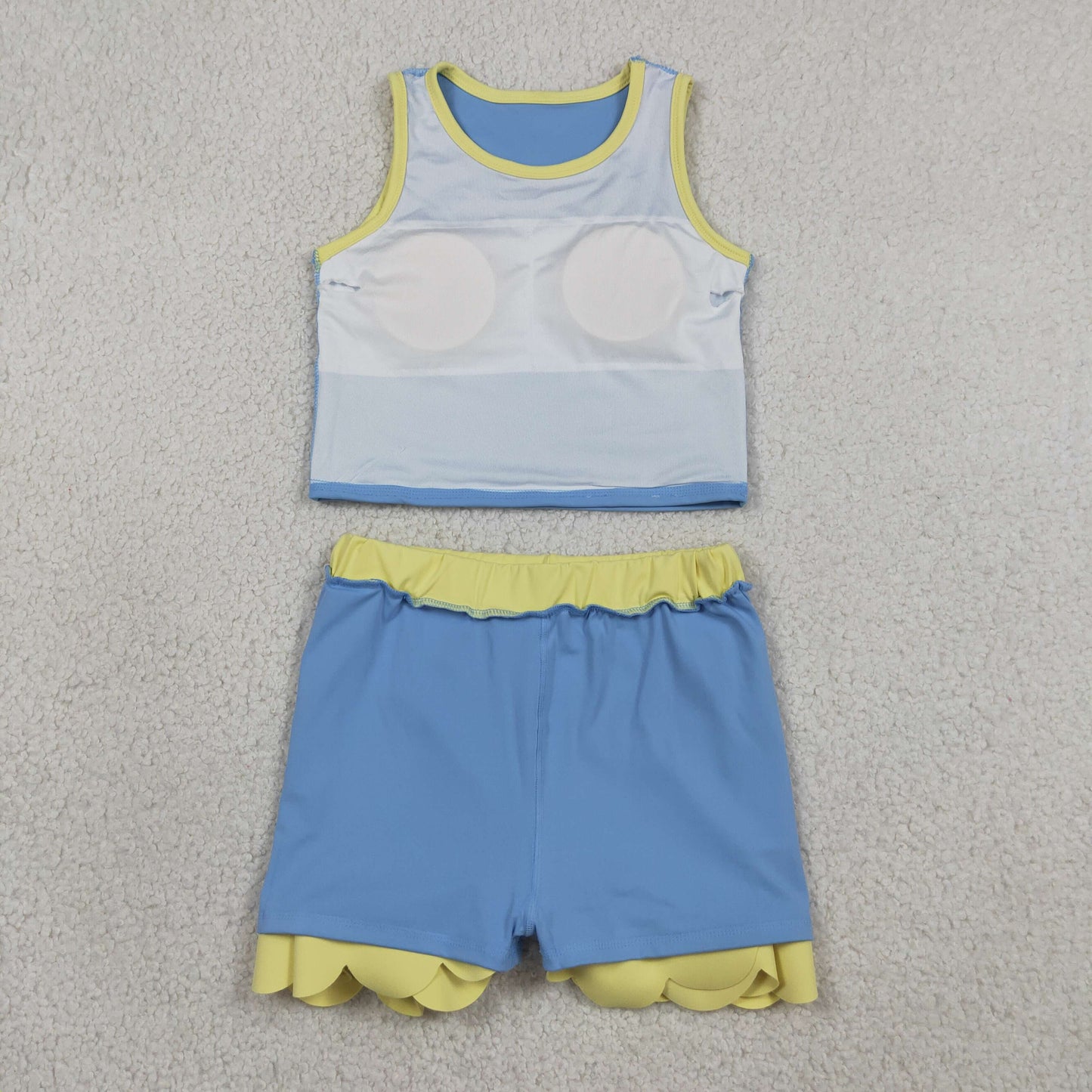 GSD4022 RTS NO MOQ (In stock)Sleeveless blue yellow scallop kids girls active wear set