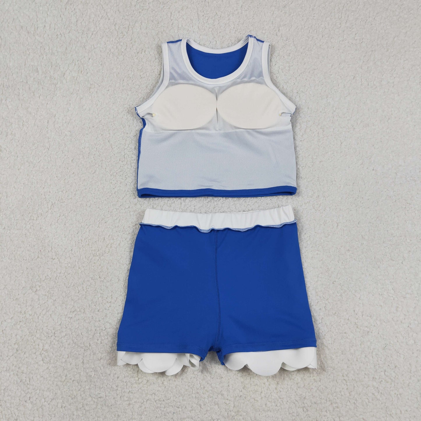 GSD4023 RTS NO MOQ (In stock )Sleeveless blue white scallop girls team active wear set