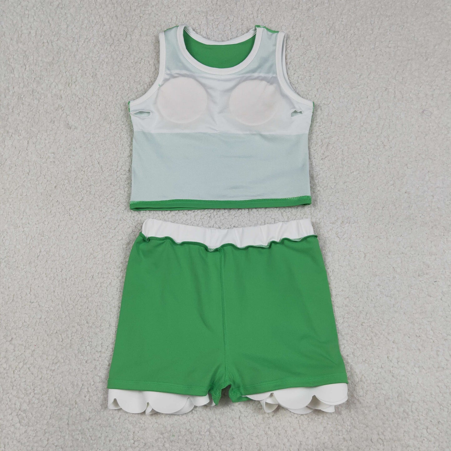 GSD4025 RTS NO MOQ (In stock )Sleeveless green white scallop kids girls active wear set