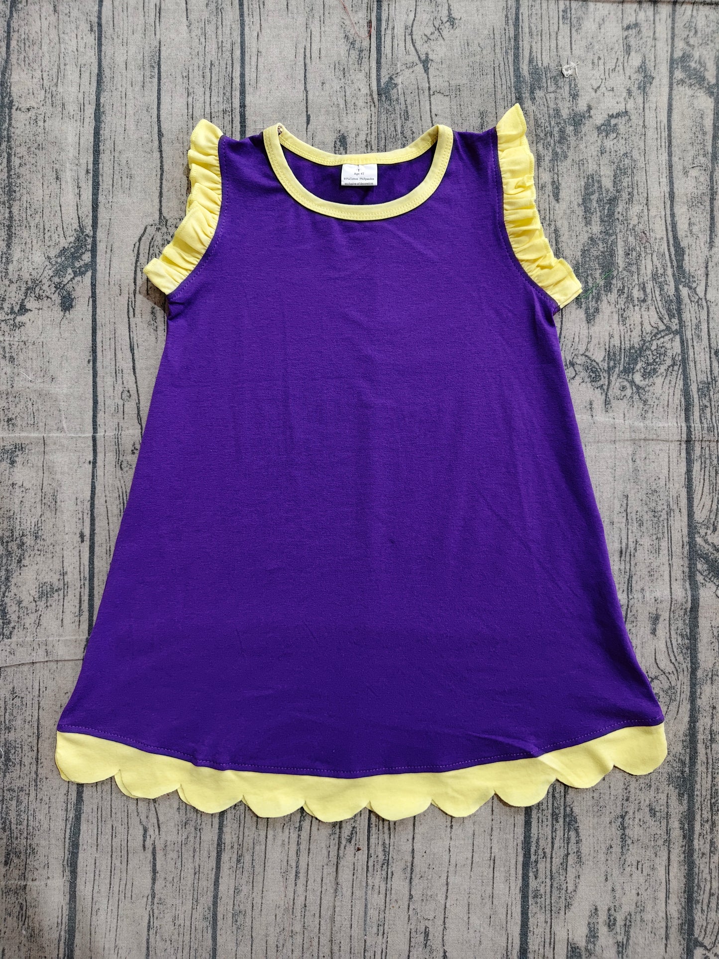4.19 GSD4046 Sample No Moq Yellow scallop ruffle sleeveless purple girls cotton team dress