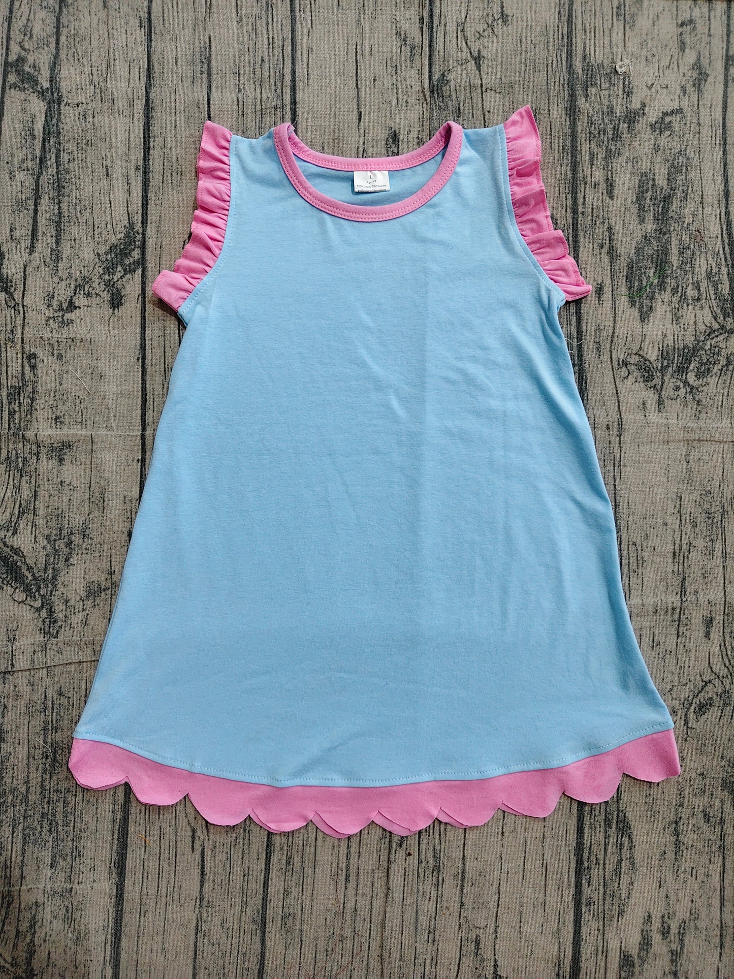 4.19 GSD4048 Sample No Moq Pink scallop ruffle sleeveless light blue girls cotton dress