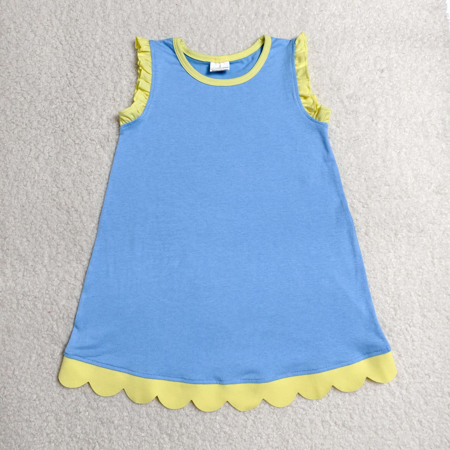 GSD4061 RTS NO MOQ (In stock)Yellow scallop ruffle sleeveless blue girls cotton dress