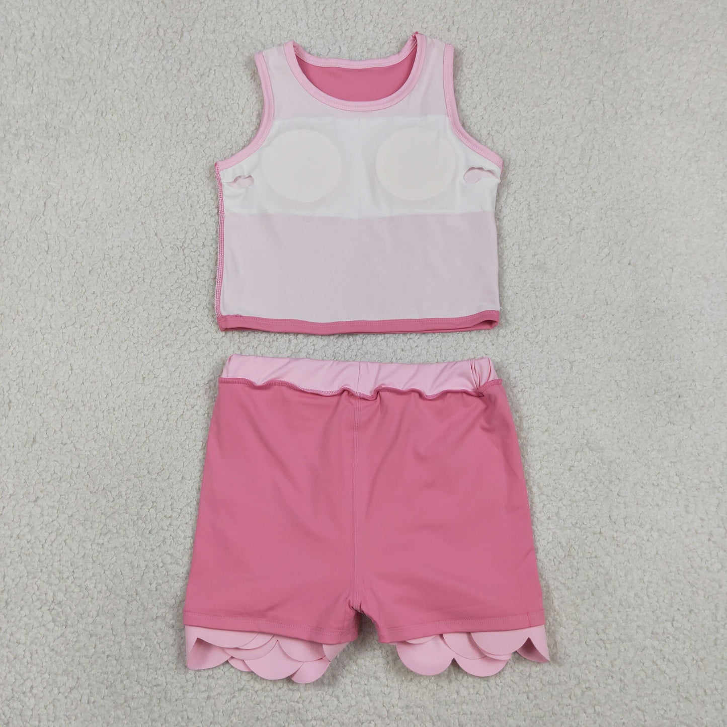 GSD4063 RTS NO MOQ (In stock)Baby Girls Sleeveless Pink Vest Scallop Skirt Short Yoga Active Clothes Set