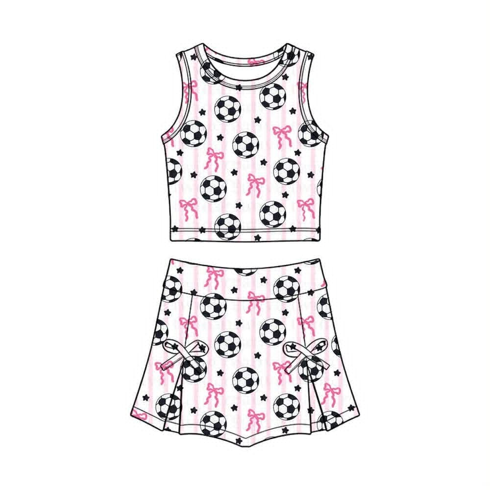 4.9 GSD4078 Pre order No Moq Baby Girls Pink Stripe Bows Footballs Vest Skirt Short Team Yoga Active Clothes Set