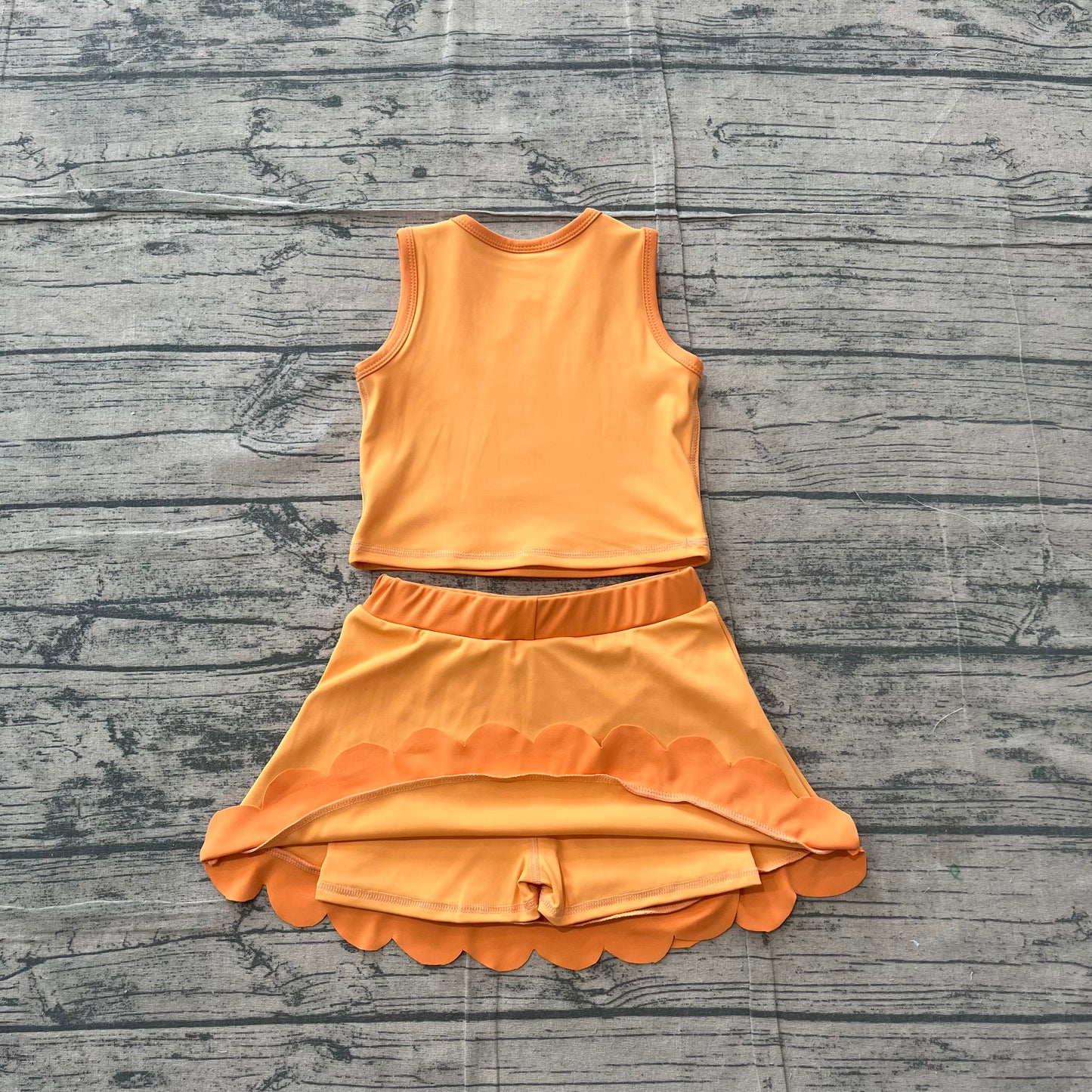 5.5 GSD4081 Sample No Moq Baby Girls Orange Vest Scallop Skirt Short Yoga Active Clothes Set