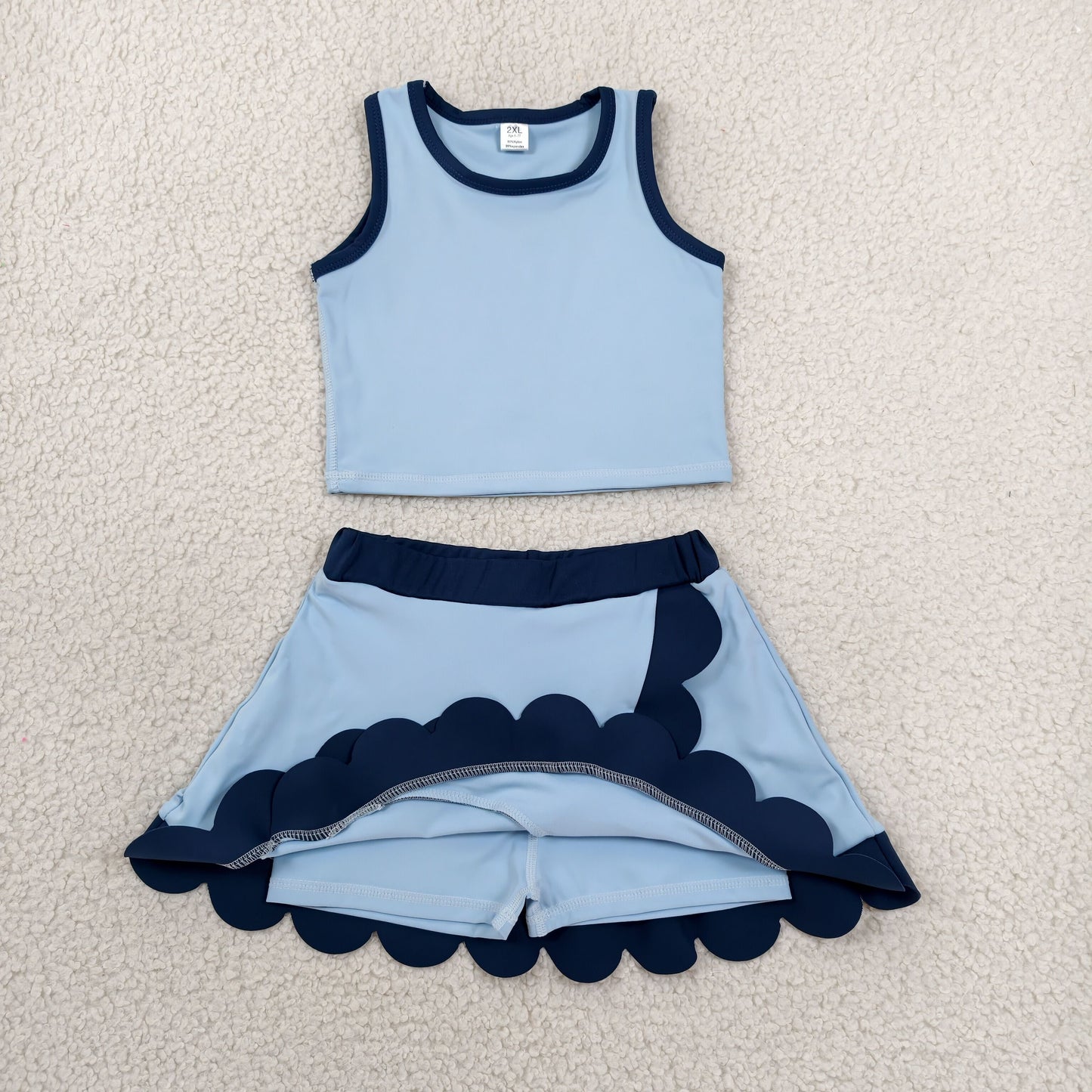 GSD4082 RTS NO MOQ (In stock)Sleeveless blue dog scallop girls summer active wear set