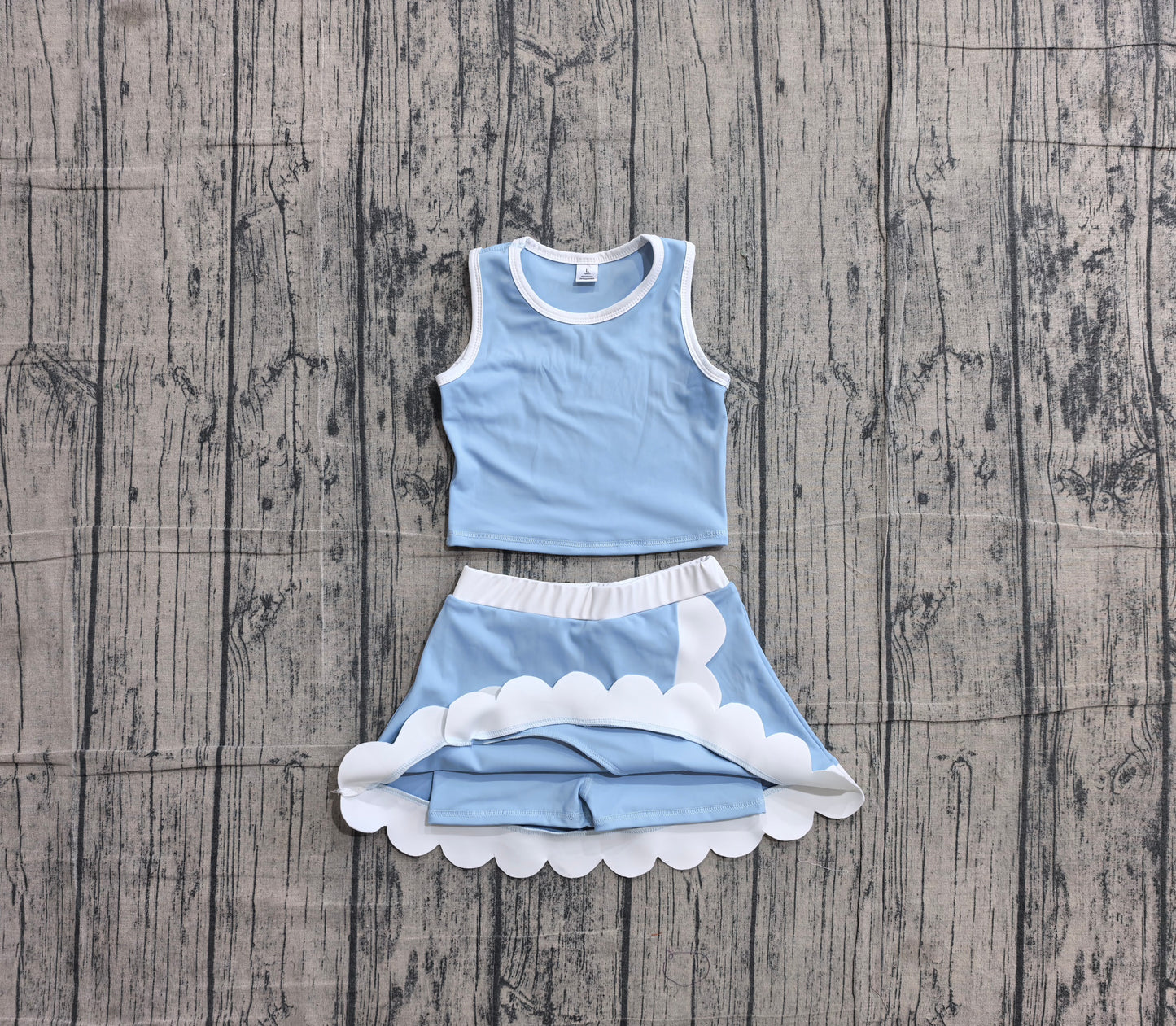 6.1 GSD4084 Sample No Moq Light blue scallop princess girls summer active wear set