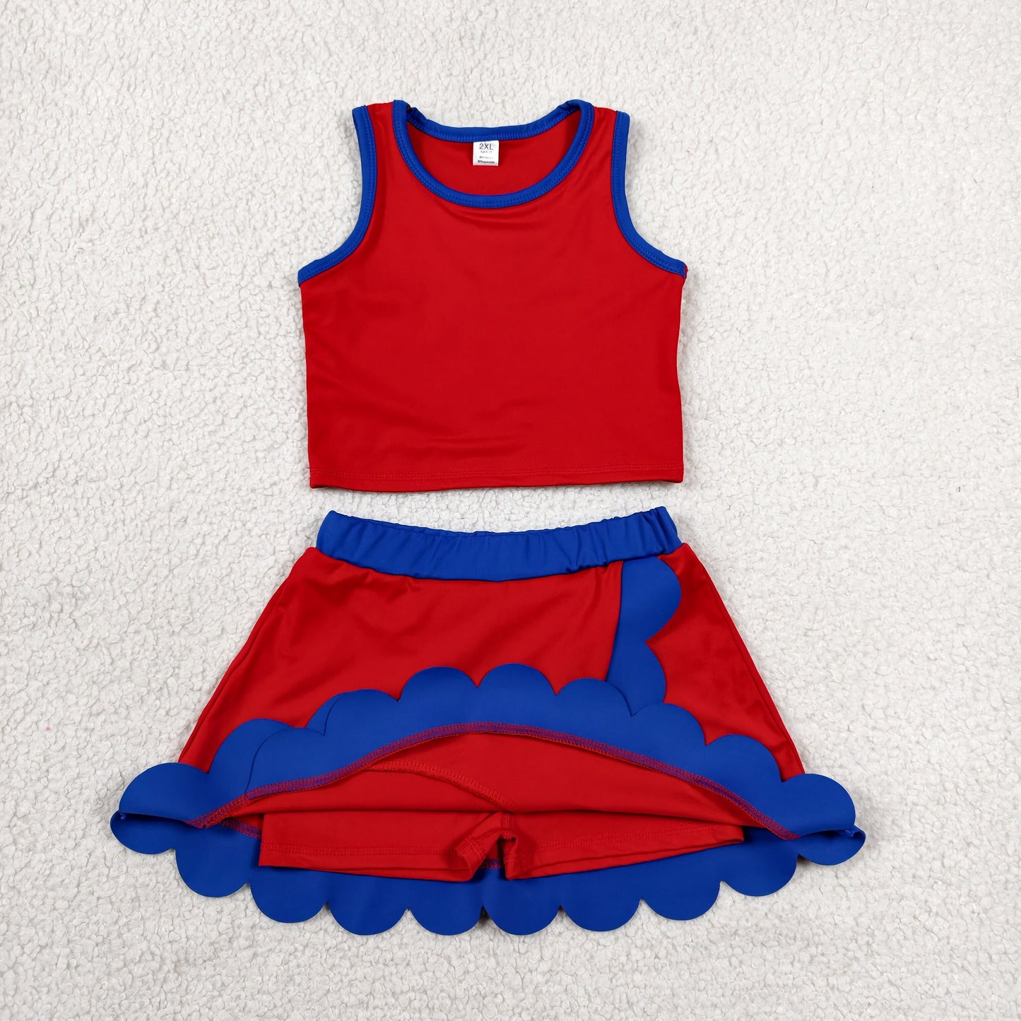 GSD4097 RTS NO MOQ (In stock)Red blue scallop top skirt girls summer active wear set
