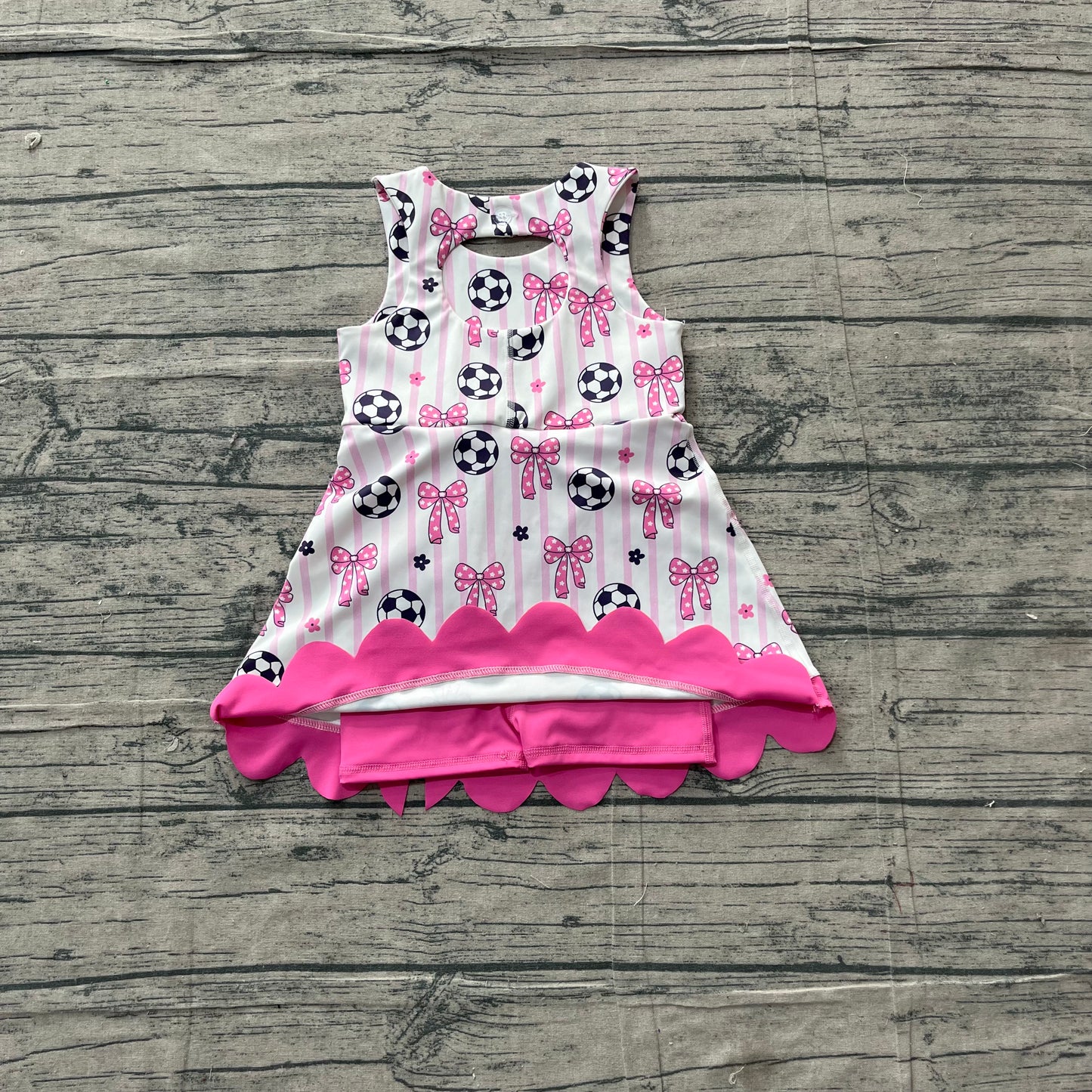 5.4 GSD4100 Sample No Moq Baby Girls Footballs Bows Team Yoga Active Scallop Short Knee Length Dress