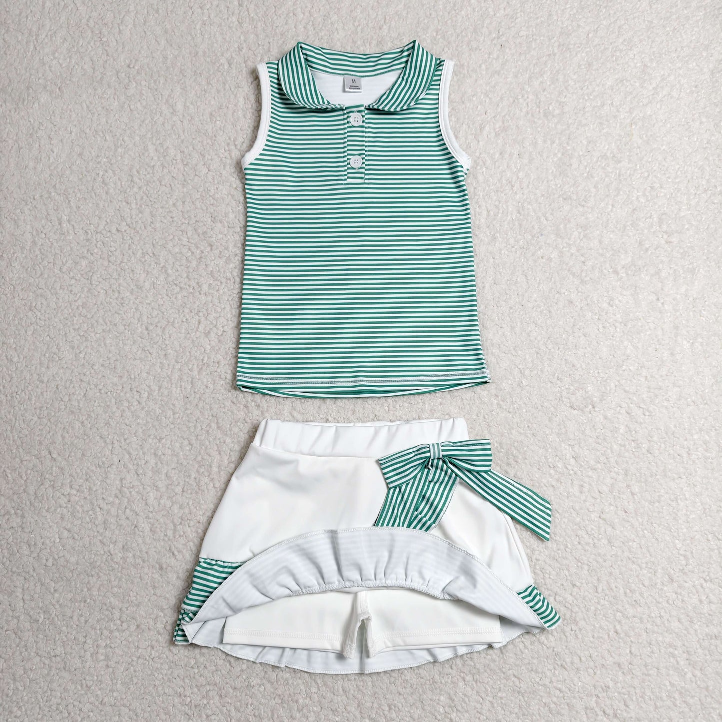 GSD4121 RTS NO MOQ (In stock) Baby Girls Green Stripe Button Vest Top Ruffle Skirt Short Yoga Active Clothes Set