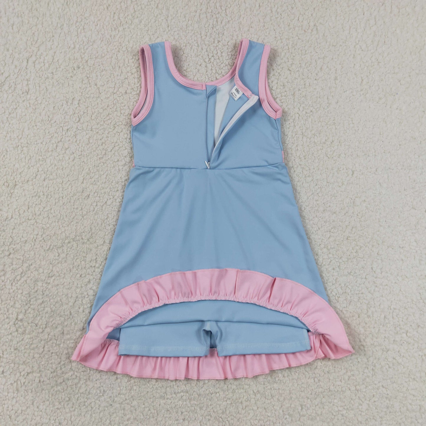 GSD4144 RTS NO MOQ (In stock)Baby Girls Sleeveless Blue Pink Yoga Active Short Scallop Knee Length Dress