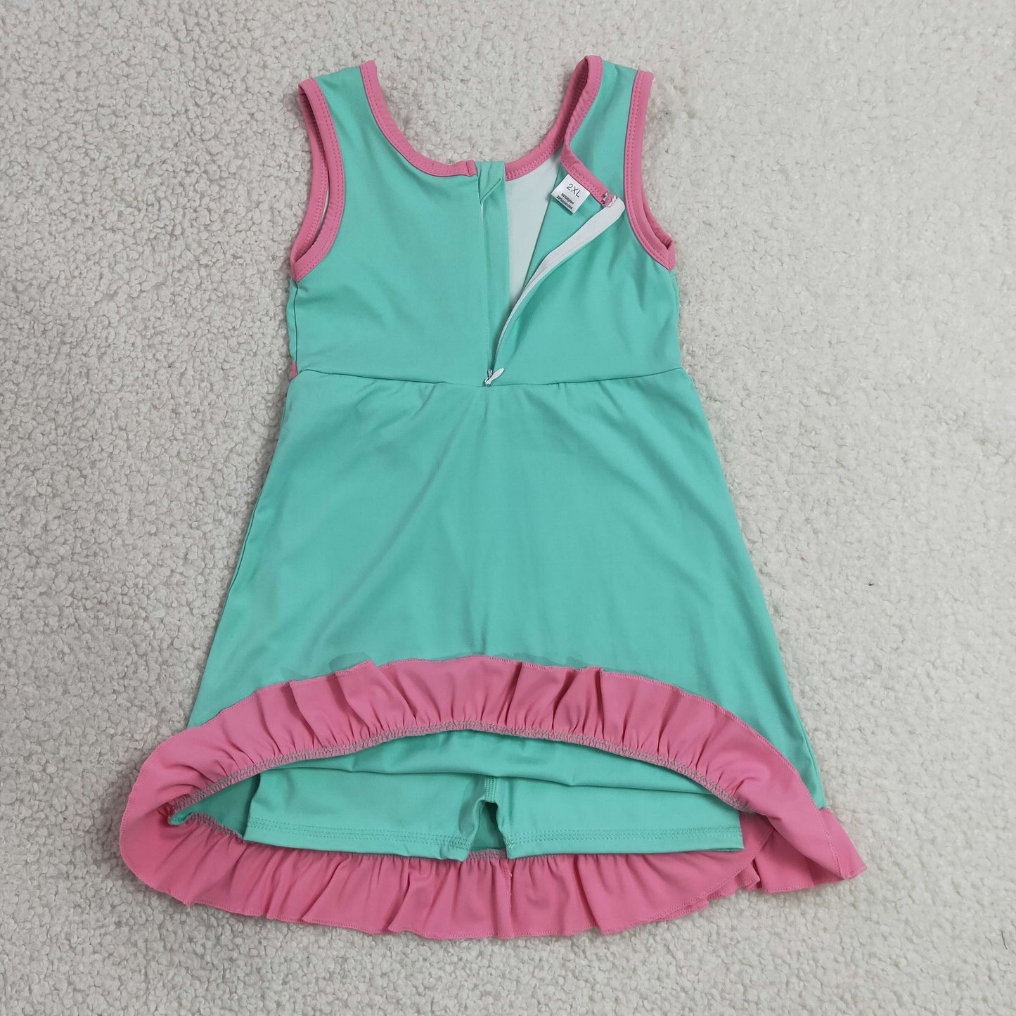 7.4 GSD4149 RTS NO MOQ (In stock)Baby Girls Sleeveless Pink Aqua Yoga Active Short Scallop Knee Length Dress