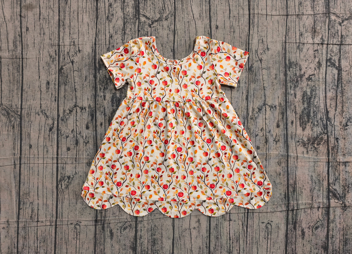 5.28 GSD4156 Sample No Moq Baby Girls Apples Flowers Scallop Fall Knee Length Dresses
