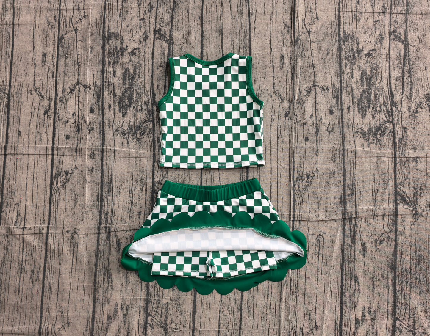 5.13 GSD4178 Sample No Moq Baby Girls Green Checked Vest Top Scallop Skirt Short Yoga Active Clothes Set