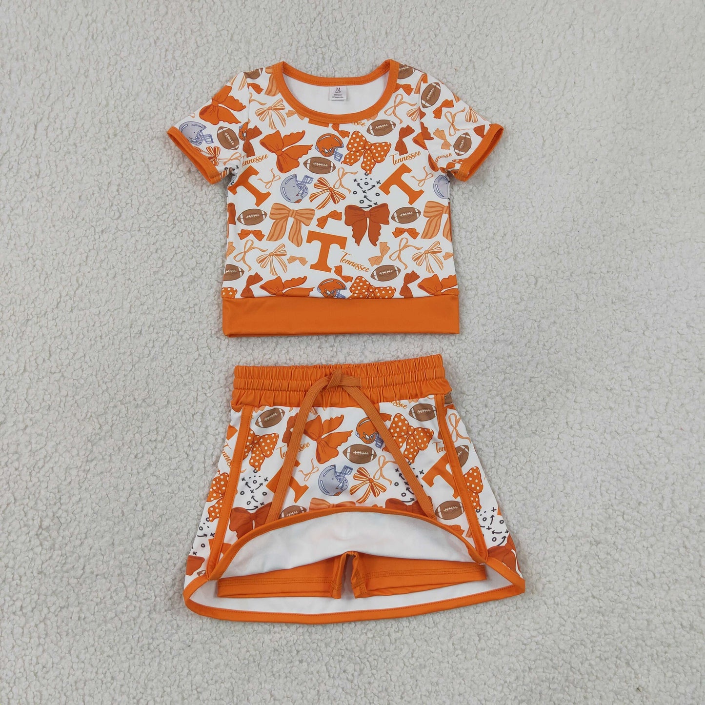 GSD4181 RTS NO MOQ (In stock)Baby Girls Orange Bows Footballs T Top Skirt Shorts Yoga Active Clothes Setsoga Active Clothes Set