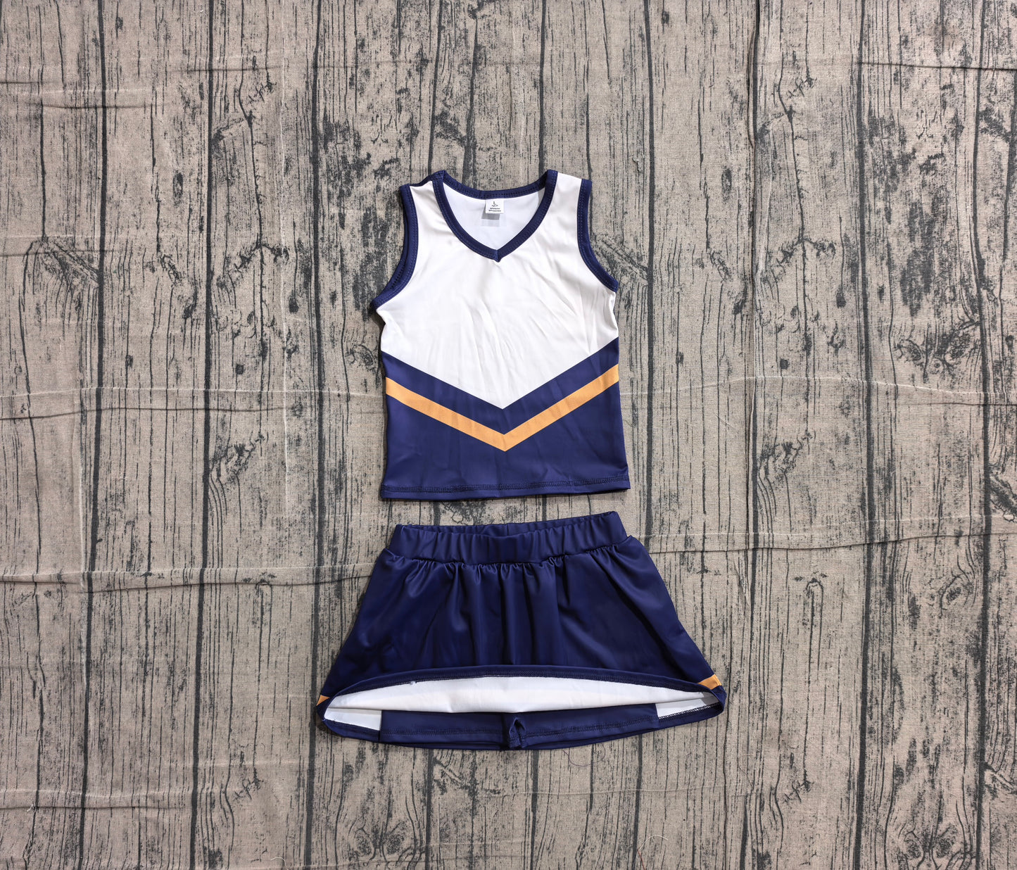 6.1 GSD4189 Sample No Moq Sleeveless gold navy top skirt girls team cheer active set