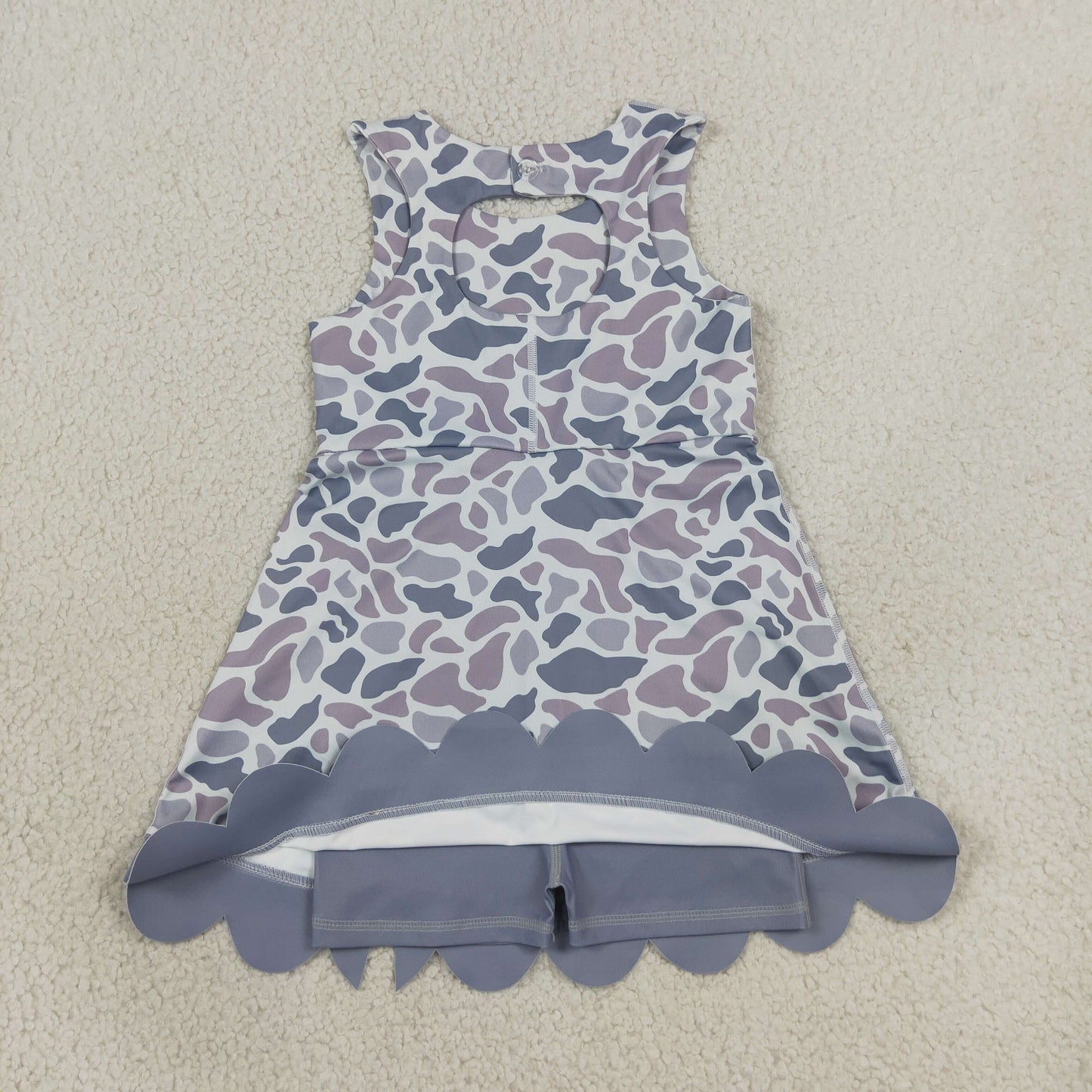 RTS NO MOQ (In stock)yoga fabric GSD4226 Baby Girls Light Gray Camo Scallop Knee Length Dress